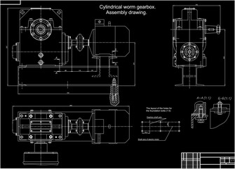 Canvas Print - Assembly drawing of reducer.
Vector drawing of steel mechanical device with shaft, gear, 
electric engine, bolted connection and dimension lines. Engineering cad scheme. Technical template. 