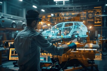 Wall Mural - Automotive engineer using advanced technology at futuristic assembly line for car manufacturing