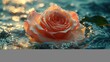A light pink white rose floats on the water surface in a bright environment