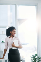 Aufkleber - Business, thinking and proud woman with tablet in office for planning, memory or progress, pride and reflection. Digital, app and African manager waiting with consulting, service or b2b appointment