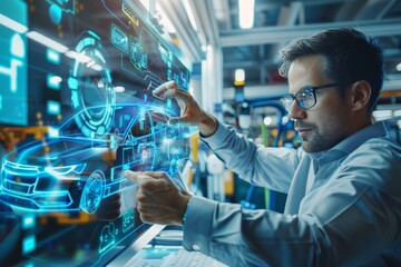 Wall Mural - automotive engineer at futuristic assembly line using advanced technology for car manufacturing