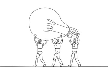 Single one line drawing a group of robots work together to carrying a lightbulb. Amazing artificial intelligence. Bring brilliant ideas. Technology concept. Continuous line design graphic illustration