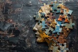 Fototapeta Londyn - Profile of human head with jigsaw puzzle pieces, concept for cognitive psychology