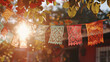 Delicate papel picado (cut paper) banners fluttering in the breeze, strung above a street or backyard, capturing the essence of the holiday's vibrant decorations. , natural light,