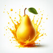 Pear falling into juice splash on white background