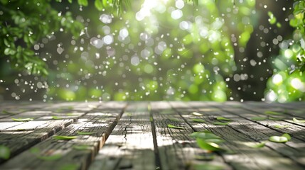 Sticker - a wooden table with leaves on it in the sunlight with a blurry background of trees and leaves on the floor