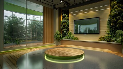 Wall Mural - a room with a round table and a flat screen tv on the wall and a plant in the corner..