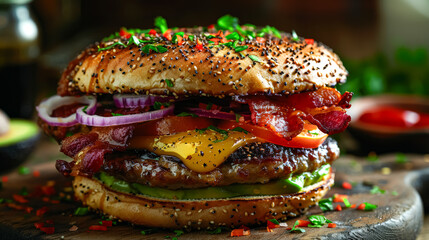 Wall Mural - A sandwich with bacon, tomatoes, and onions on a wooden cutting board. The sandwich is topped with a fried egg and has a crispy crust