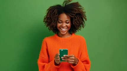 Wall Mural - Woman Smiling with Smartphone