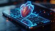 A 3D rendering of a heart on a smartphone screen. The heart is red and blue and the background is black.