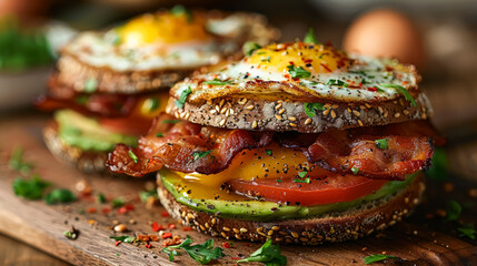 Wall Mural - Two avocado halves with bacon and eggs on top. The avocado halves are filled with the eggs and bacon, creating a delicious and healthy breakfast option