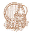 Jug of wine, grapes and wooden barrel. Winery, pub sketch. Hand drawn vintage vector illustration