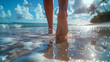 © Goolya - Relaxing by the sea: a sunny bright day, women's legs in clear water, reflection, shine and splash of water, golden sand create an ideal picture of relaxation