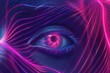 A close-up of an eye with glowing pink and blue veins and a glowing pink iris. higher self