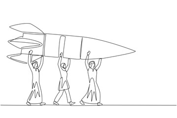 Wall Mural - Single continuous line drawing a group of Arab businessmen and Arab businesswomen work together carrying a rocket. Collaboration makes business successful. Profit. One line design vector illustration