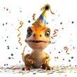 Baby Dinosaur Wearing Party Hat Celebrating with Confetti