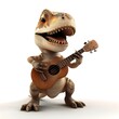 Adorable Baby Dinosaur Enjoying Music with Acoustic Guitar on White Background