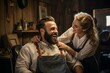 © Adobe Contributor - b'Bearded man getting his hair cut by a smiling woman'
