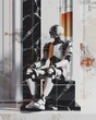 A Humanoid Robot With Sleek White and Black Design, Accented With Orange, Sits in Contemplation Against a Marbled Backdrop, Embodying the Fusion of Technology and Thought