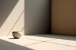 A single bowl in a room with striking shadow patterns on a beige background