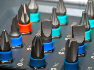 A set of screwdriver bits. Close-upA set of screwdriver bits. Close-up