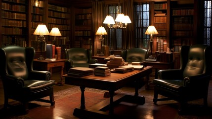 Wall Mural - b'A library with bookshelves, armchairs, and a table'