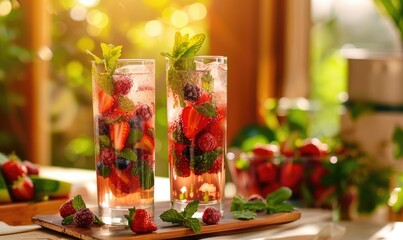 Wall Mural - Delicious fruit cocktails in tall glasses with mixed berries and mint leaves