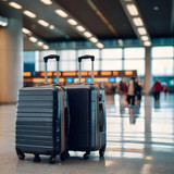 Fototapeta Tulipany - Travel Shot Of Two Plastic Suitcases Standing At Empty Airport Corridor, Stylish Luggage Bags Waiting At Terminal Hall