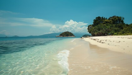 Wall Mural - Spectacular sandy tropical beach with stunning island scenery on a bright sunny day