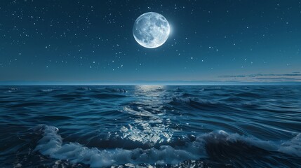 Poster - A large moon is reflected in the water of the ocean. The scene is calm and peaceful, with the moonlight creating a serene atmosphere