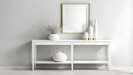 Wall Mural - A white table with a vase and a picture frame on it