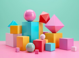 Canvas Print - b'Colorful 3D shapes on pink and green background'