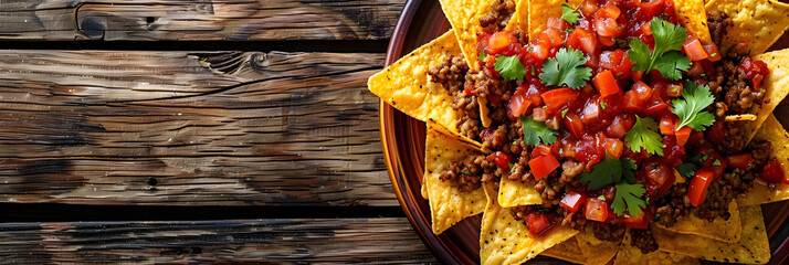 Wall Mural - Nachos made with Mexican corn tortilla chips topped with seasoned meat and spicy red salsa, pictured on a wooden background with copy space.