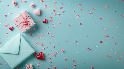 Wall Mural - A festive gift box scattered confetti heart decorations and an envelope set against a soft pastel blue backdrop provide the perfect canvas for your heartfelt messages This charming setup ca