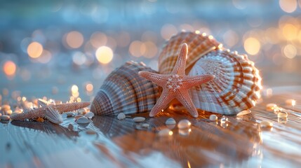 Fototapete - A starfish and three shells are on a table. The shells are of different sizes and colors, and the starfish is in the middle. The scene has a beachy, relaxing vibe, and the shells