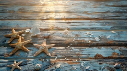 Fototapete - A wooden table with a few starfish and shells on it. The table is blue and the sun is shining on it