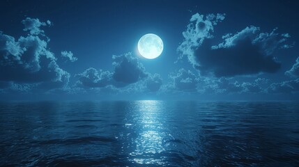 Poster - A large moon is reflected in the calm ocean waters. The sky is filled with clouds, creating a serene and peaceful atmosphere