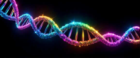 Wall Mural - Neon glowing DNA strand on dark background, 3d render style, sparkle, DNA model, aura colors rainbow, human body biology study Genetic concept