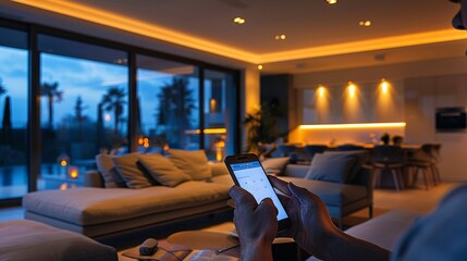 Wall Mural - Smart Home Technology: An image of a person using a smartphone app to control the lights in their living room