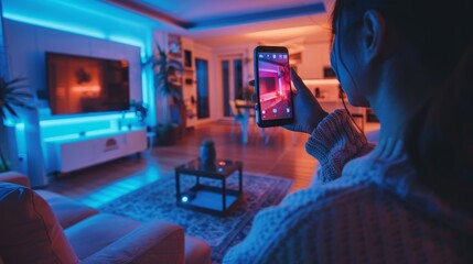 Wall Mural - Smart Home Technology: An image of a person remotely monitoring their home security cameras through a smartphone app