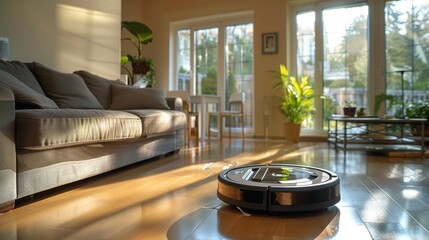Wall Mural - Smart Home Technology: An image of a robotic vacuum cleaner autonomously cleaning a living room floor
