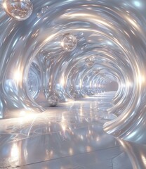 Sticker - 3D rendering of a futuristic sci-fi tunnel with silver walls and glowing spheres