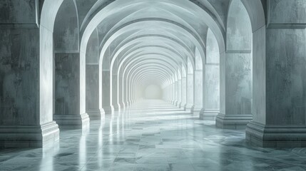 Wall Mural - Long empty hallway with marble floor and arched openings