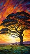 b'Vibrant Sunset Over Lonely Tree in Field'