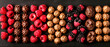 A row of chocolate covered berries including raspberries and blackberries