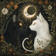A black cat and a white cat face each other with a crescent moon and sun above them. The cats are surrounded by flowers and plants.