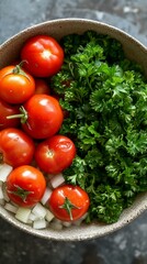 Wall Mural - b'Fresh organic tomatoes and parsley in a bowl'