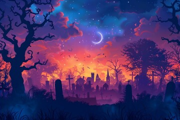 b'A spooky illustration of a graveyard at night'