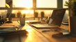 © Justlight - Like a sunlit daydream the warm tones of the defocused office equipment radiate a sense of tranquility and peacefulness. The fuzzy contours of the pens laptops and other tools blur .