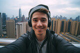 Fototapeta  - selfie portrait of man using headphones and looking at camera with smile on rooftop of tall building